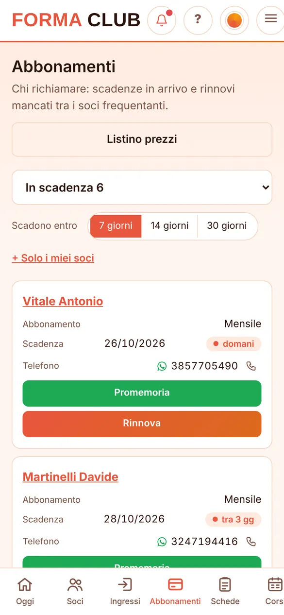 Gli abbonamenti in scadenza, con promemoria e rinnovo