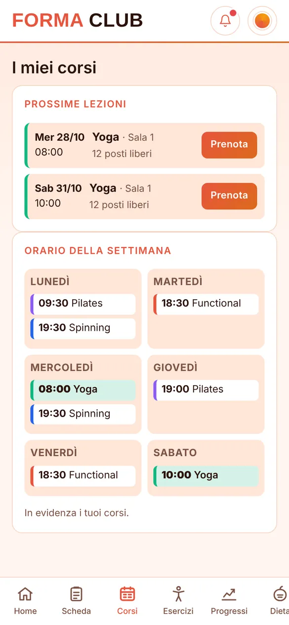 I corsi e le prenotazioni nell'app