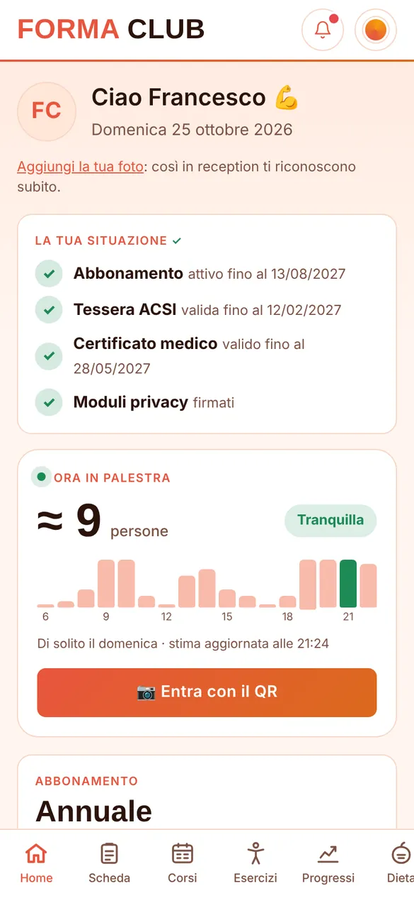 L'app del socio: la sua situazione, quante persone ci sono in palestra, il QR per entrare