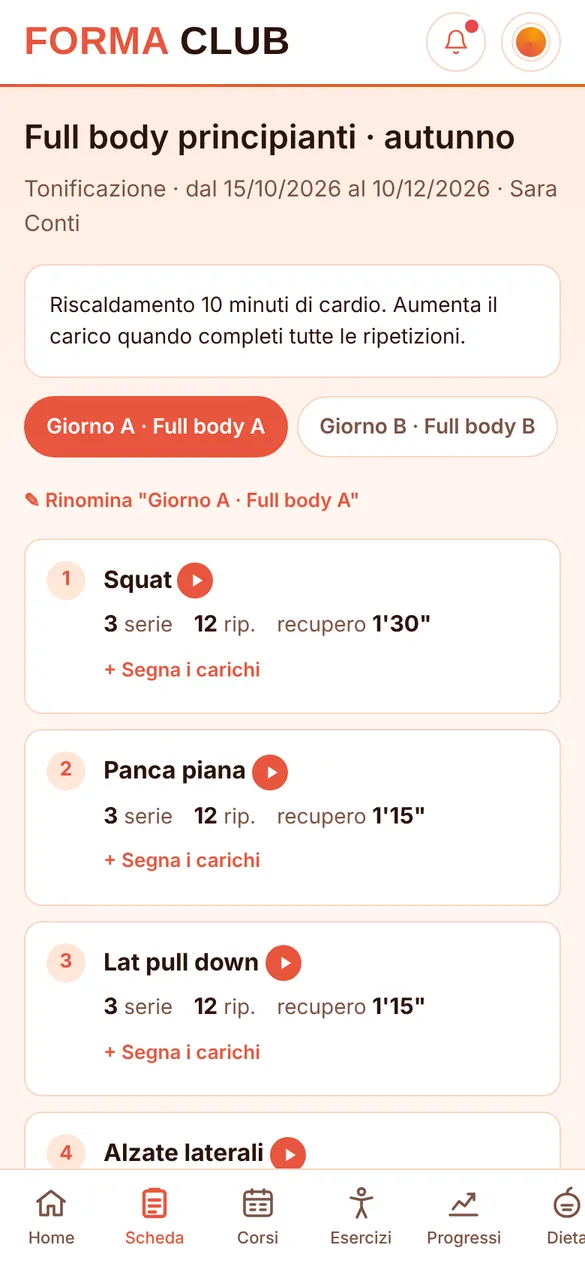 La scheda di allenamento nell'app