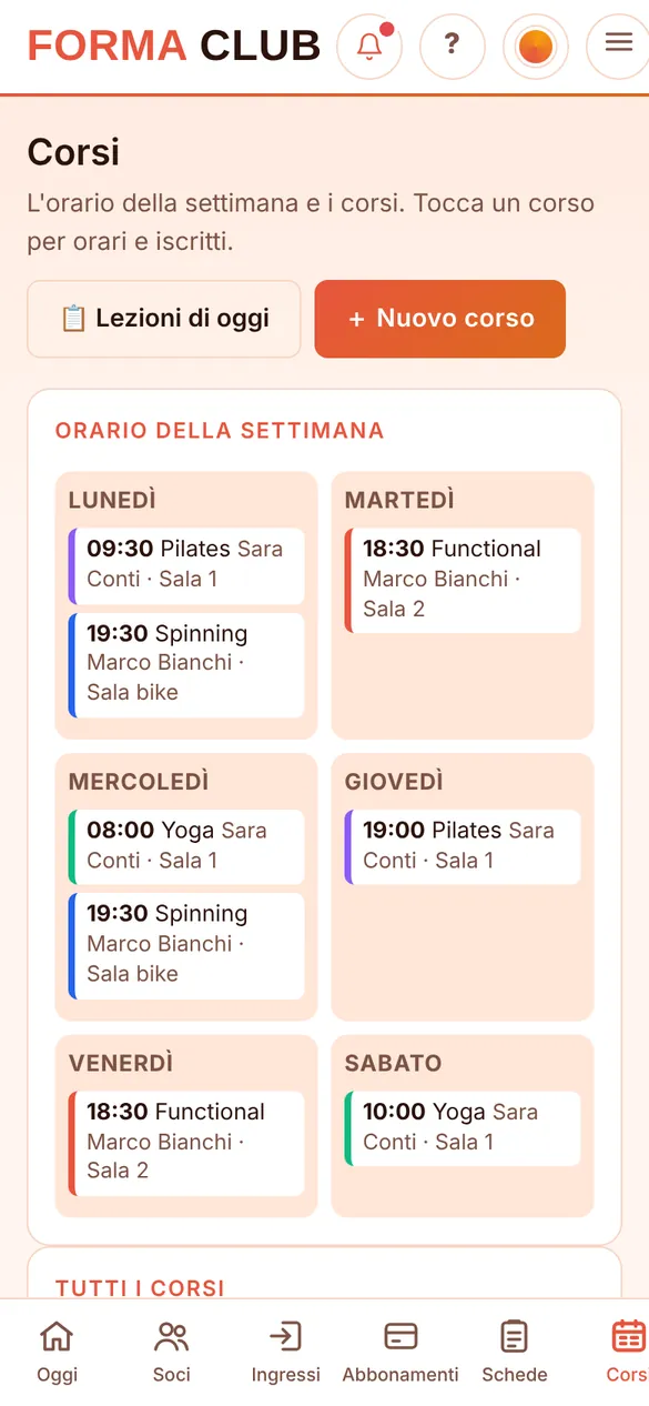 L'orario settimanale dei corsi