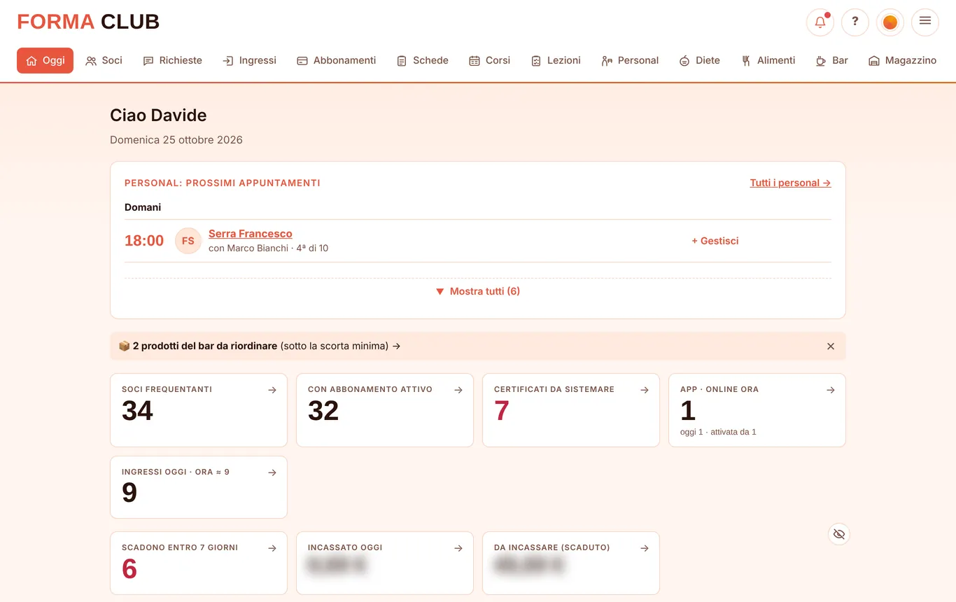 La pagina Oggi del gestionale: appuntamenti, soci frequentanti, certificati da sistemare, ingressi e scadenze