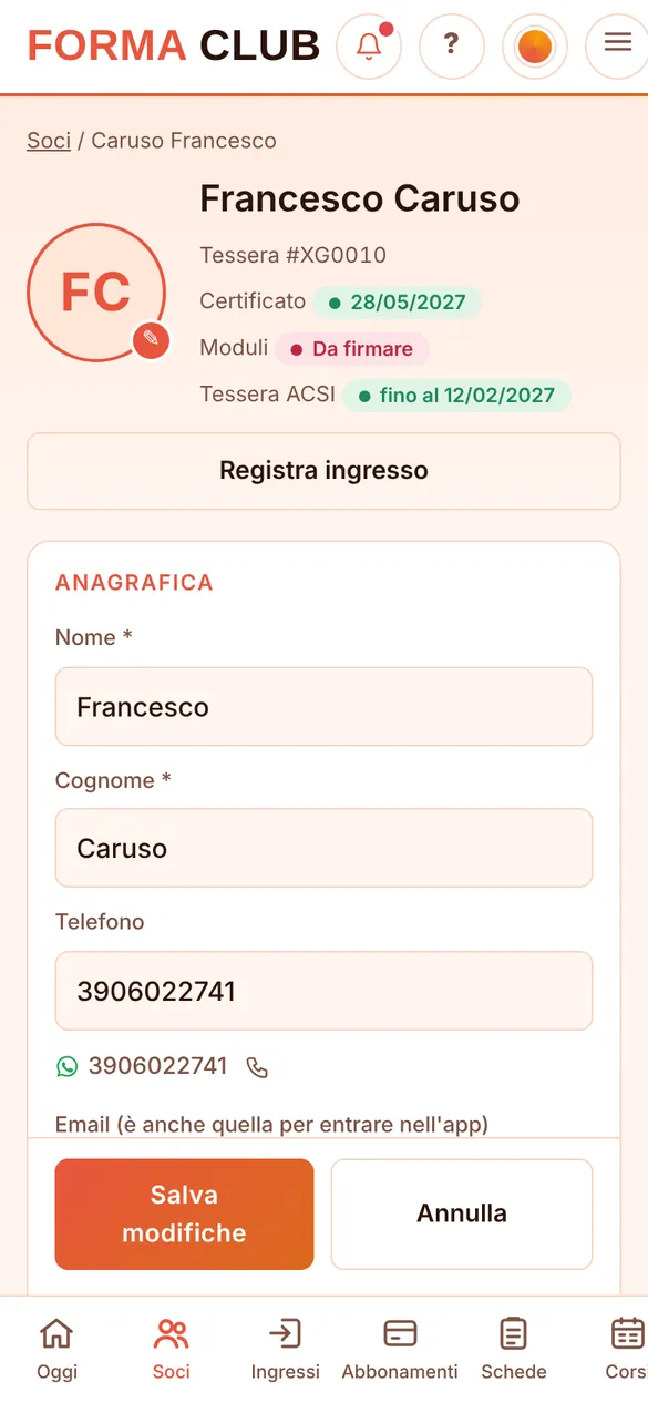 La scheda di un socio